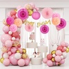 Hawaiian Luau Party Decorations Tropical Beach Aloha Palm Leaves Garland Luau Honeycomb Table Centerpiece Tissue Pom Poms Paper Fans Tiki Totem Hanging Decor Tropical Summer Beach Pool Party Supplies(Hot Pink)