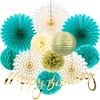 Hawaiian Luau Party Decorations Tropical Beach Aloha Palm Leaves Garland Luau Honeycomb Table Centerpiece Tissue Pom Poms Paper Fans Tiki Totem Hanging Decor Tropical Summer Beach Pool Party Supplies(Teal and Gold Birthday Decorations)