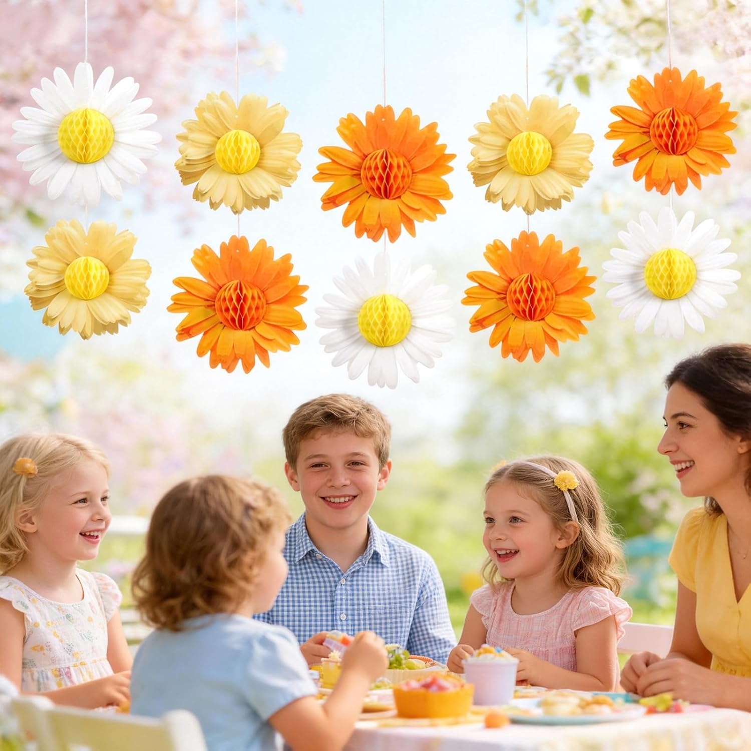image:imageSUNBEAUTY 4th of July Patriotic Decorations Red White Blue Hanging Honeycomb Balls Independence Day Paper Honeycomb Flower for Memorial Day USA Flag Veterans 250th Anniversary Party SuppliesOrange yellow Daisy Honeycomb
