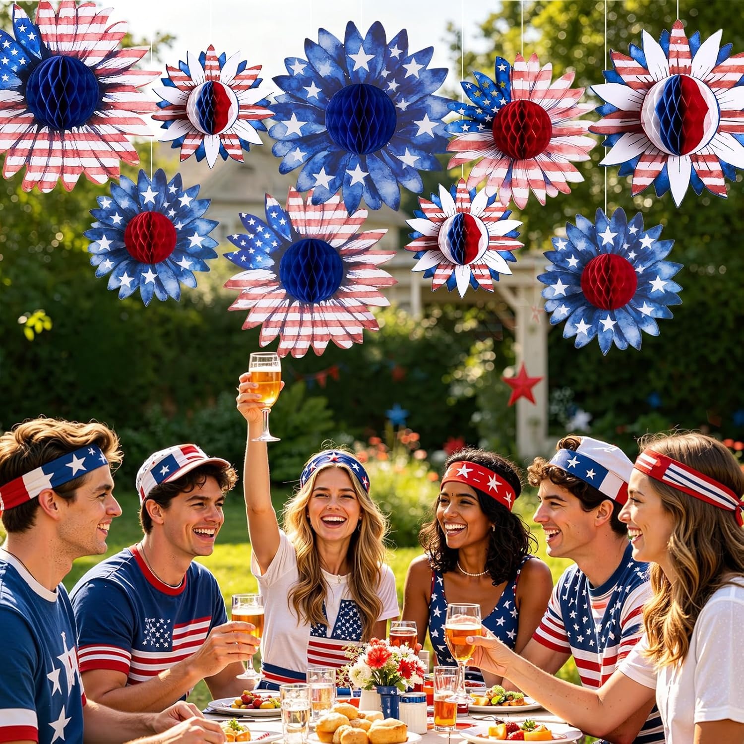 image:imageSUNBEAUTY 4th of July Patriotic Decorations Red White Blue Hanging Honeycomb Balls Independence Day Paper Honeycomb Flower for Memorial Day USA Flag Veterans 250th Anniversary Party SuppliesPatriotic Honeycomb Flower