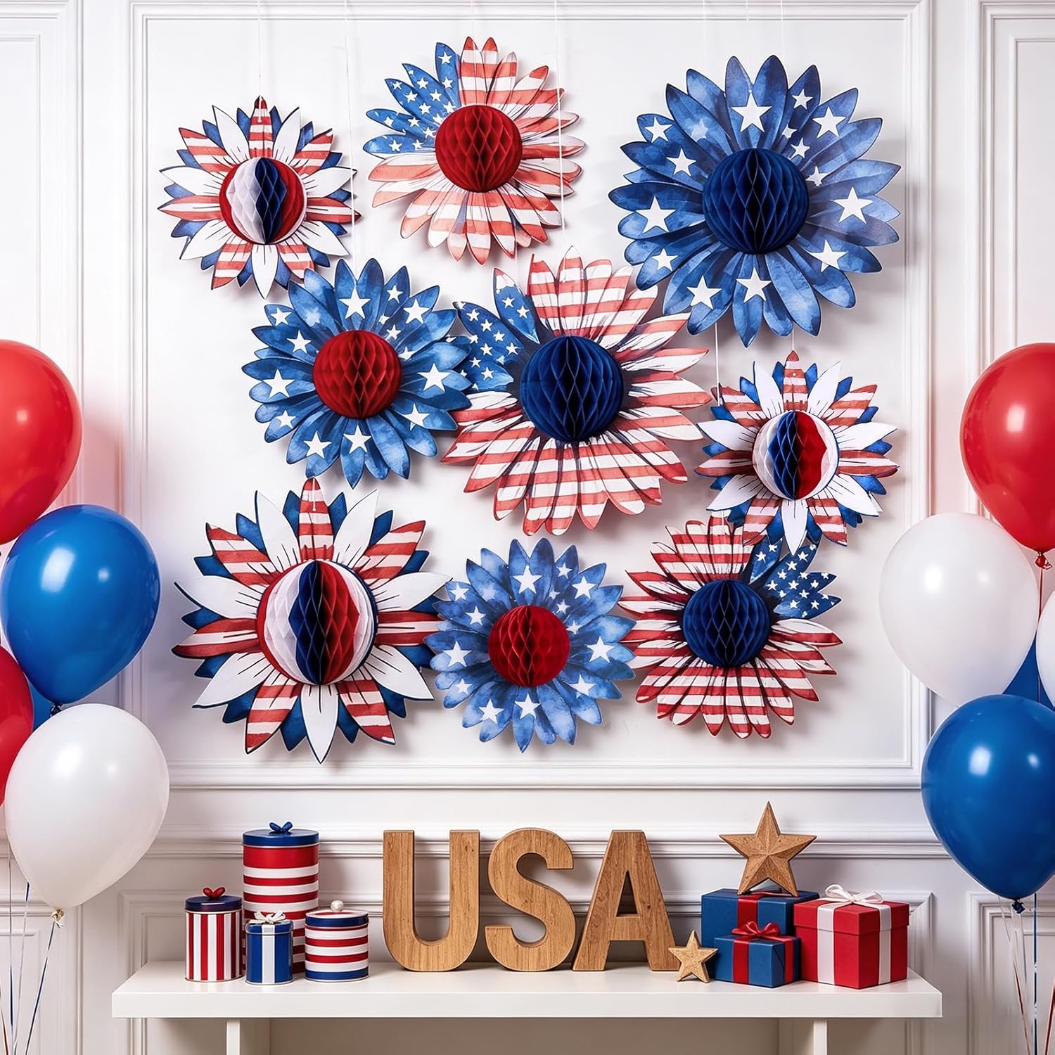 image:imageSUNBEAUTY 4th of July Patriotic Decorations Red White Blue Hanging Honeycomb Balls Independence Day Paper Honeycomb Flower for Memorial Day USA Flag Veterans 250th Anniversary Party SuppliesPatriotic Honeycomb Flower