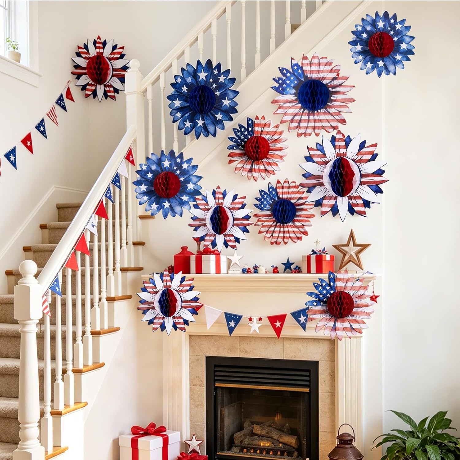 image:imageSUNBEAUTY 4th of July Patriotic Decorations Red White Blue Hanging Honeycomb Balls Independence Day Paper Honeycomb Flower for Memorial Day USA Flag Veterans 250th Anniversary Party SuppliesPatriotic Honeycomb Flower