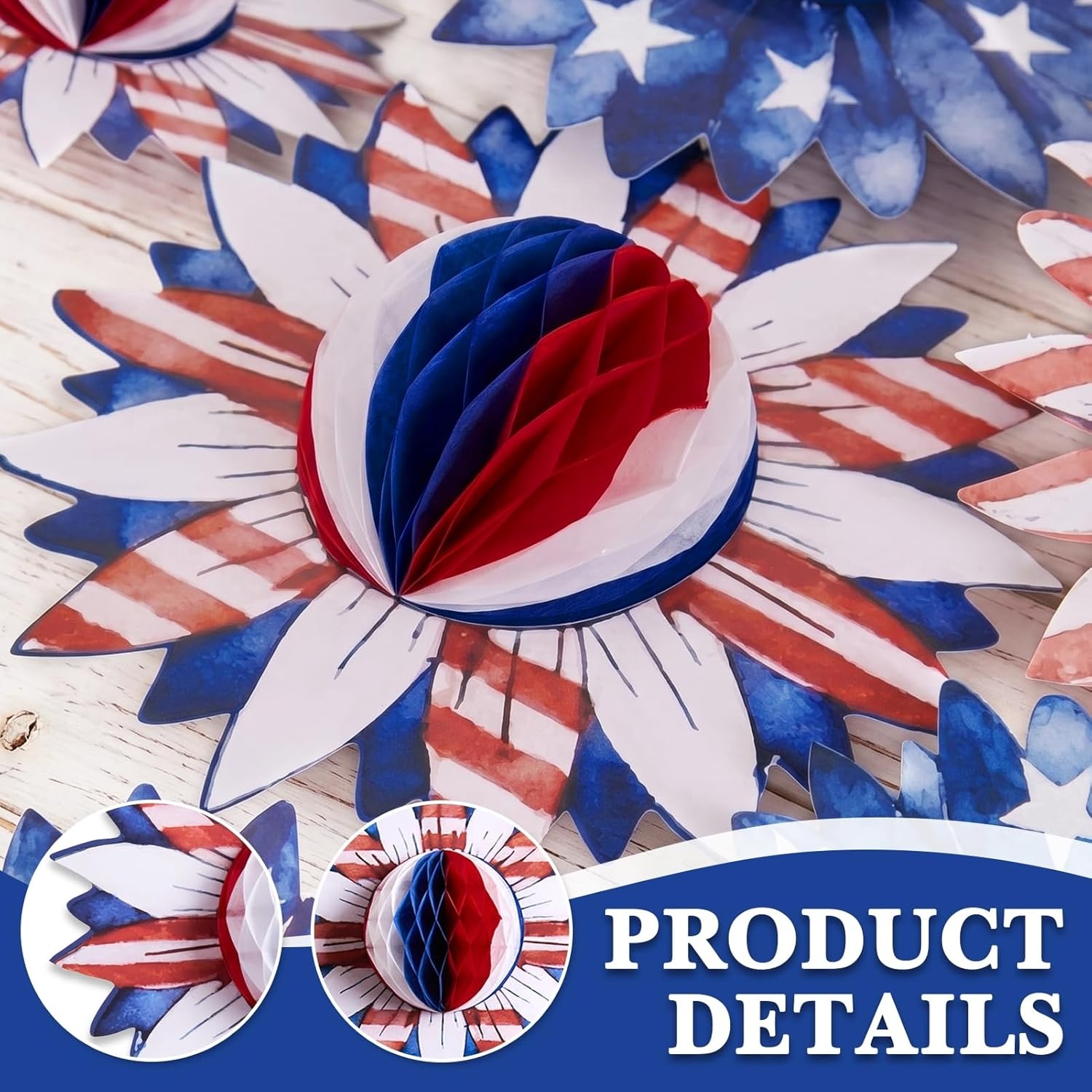 image:imageSUNBEAUTY 4th of July Patriotic Decorations Red White Blue Hanging Honeycomb Balls Independence Day Paper Honeycomb Flower for Memorial Day USA Flag Veterans 250th Anniversary Party SuppliesPatriotic Honeycomb Flower