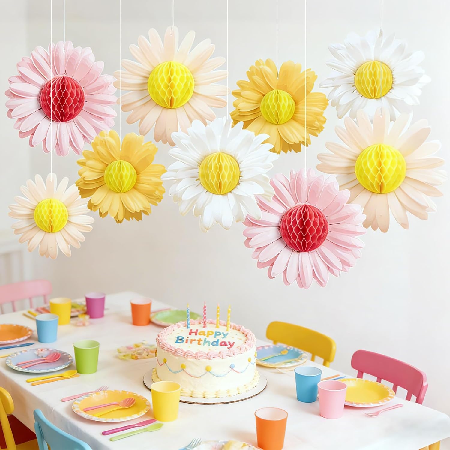 image:imageSUNBEAUTY 4th of July Patriotic Decorations Red White Blue Hanging Honeycomb Balls Independence Day Paper Honeycomb Flower for Memorial Day USA Flag Veterans 250th Anniversary Party SuppliesPink yellow white Daisy