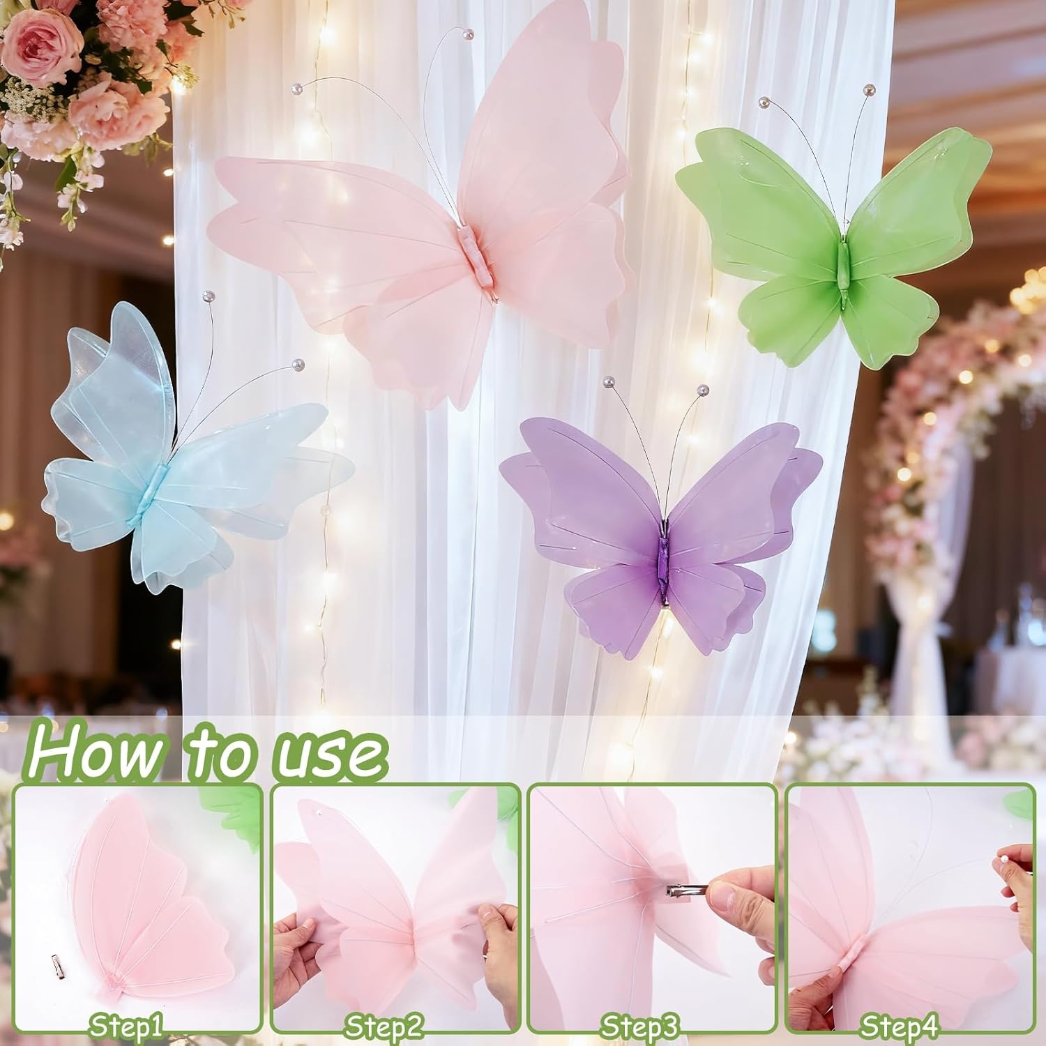 image:imageSUNBEAUTY Butterfly Party Decorations 3D Butterflies Water Proof Wedding Decor Hanging Butterflies for Baby Shower Birthday Decor Party Girls Women PET Plastic Butterfly for Wall Decor Set of 4Water Proof Butterfly