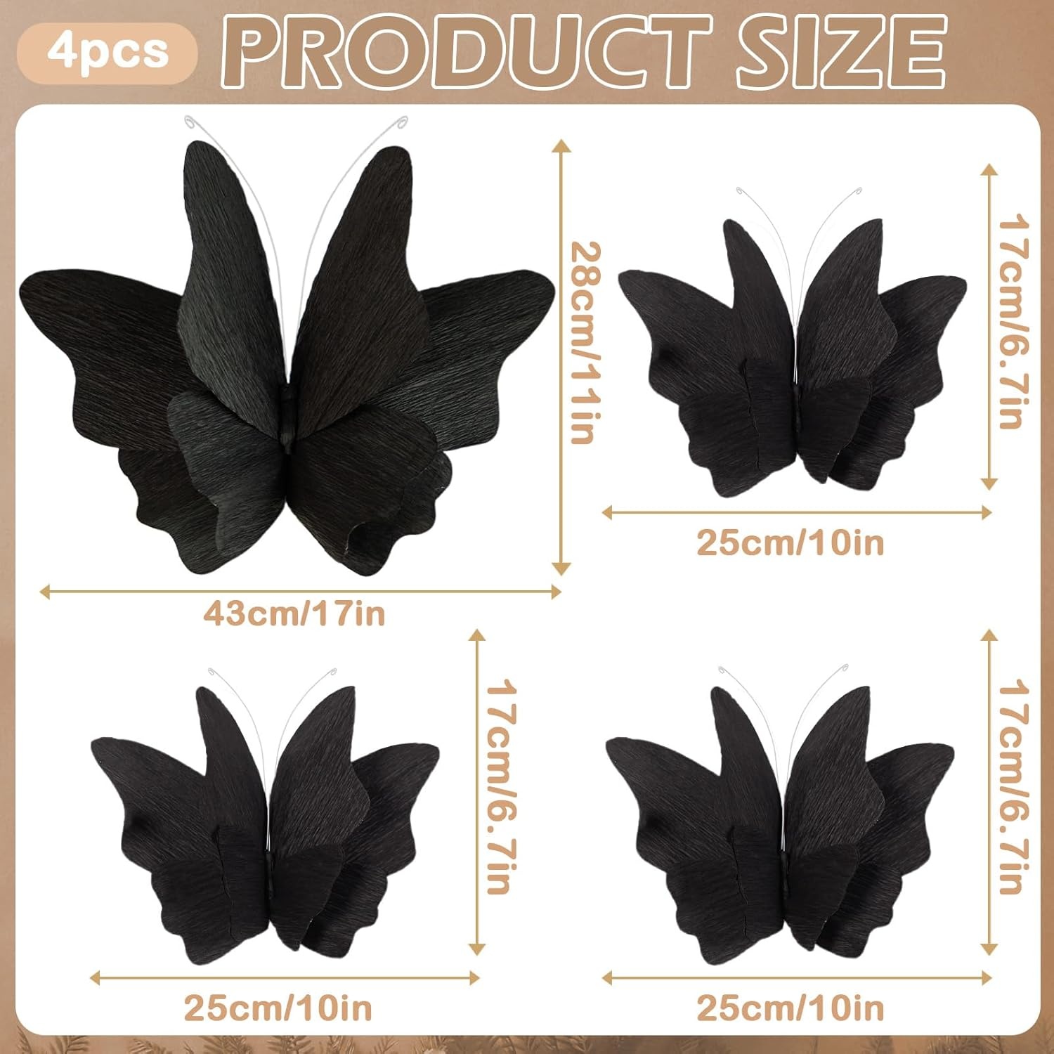 image:imageSUNBEAUTY Butterfly Party Decorations 3D Butterflies Water Proof Wedding Decor Hanging Butterflies for Baby Shower Birthday Decor Party Girls Women PET Plastic Butterfly for Wall Decor Set of 4Black 4