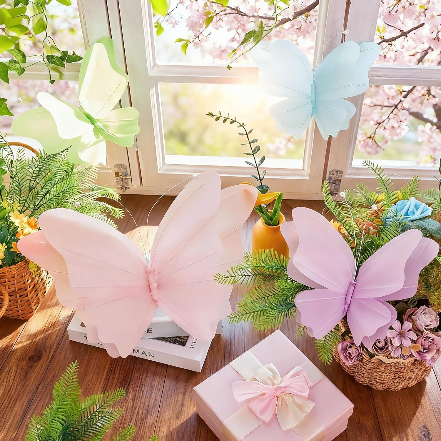 image:imageSUNBEAUTY Butterfly Party Decorations 3D Butterflies Water Proof Wedding Decor Hanging Butterflies for Baby Shower Birthday Decor Party Girls Women PET Plastic Butterfly for Wall Decor Set of 4Water Proof Butterfly