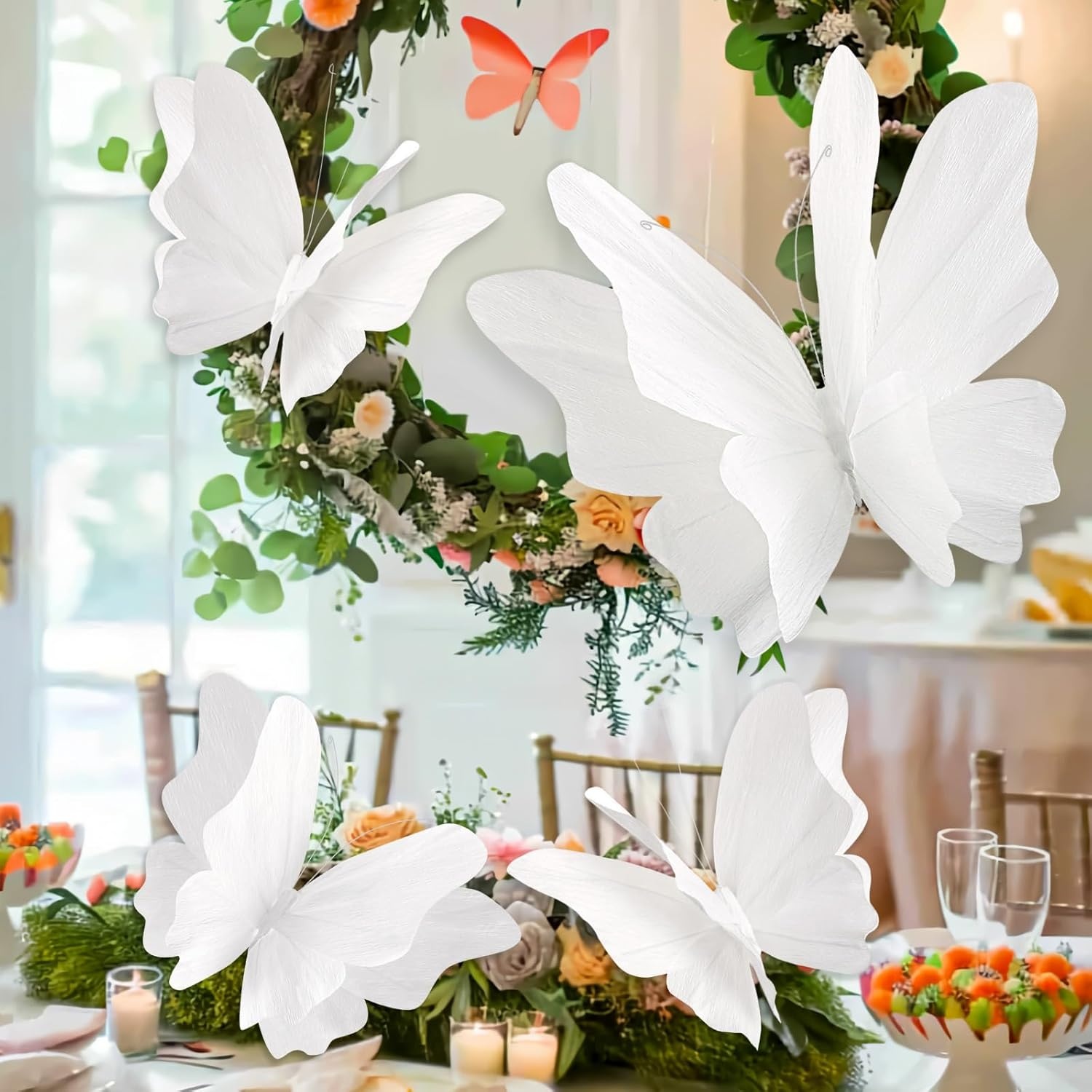 image:imageSUNBEAUTY Butterfly Party Decorations 3D Butterflies Water Proof Wedding Decor Hanging Butterflies for Baby Shower Birthday Decor Party Girls Women PET Plastic Butterfly for Wall Decor Set of 4White Butterfly 4