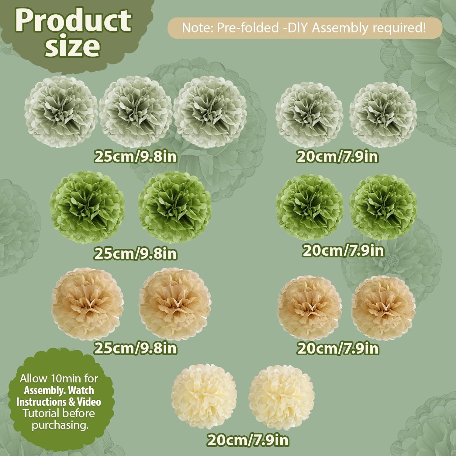 image:imageSUNBEAUTY Large Paper Flowers Giant Fiesta Tissue Paper Flowers Decorations for Wall 12 Inch Colorful Mexican Flowers for Summer Birthday Wedding Backdrop Bridal Shower Tropical Luau Carnival PartySage Green