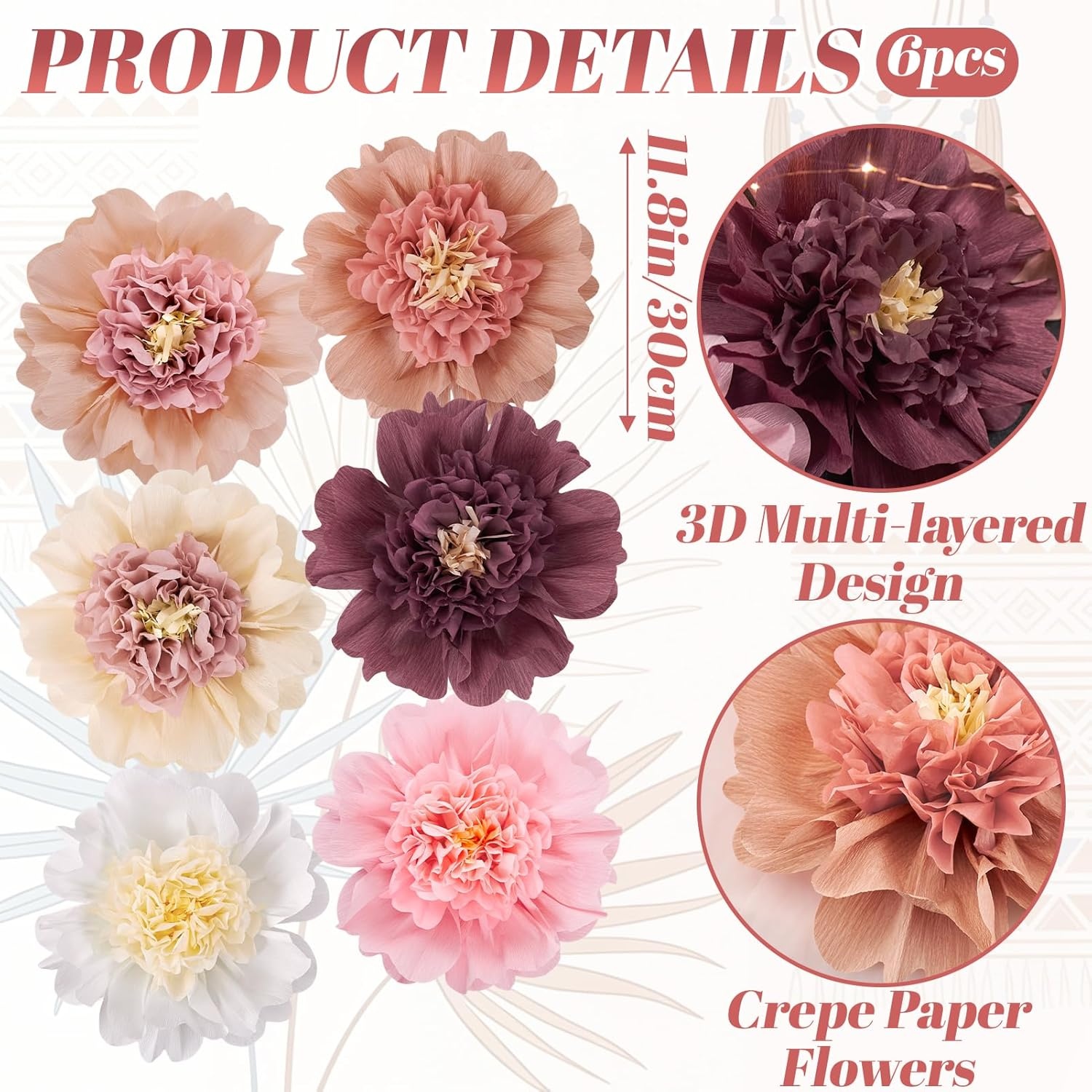 image:imageSUNBEAUTY Large Paper Flowers Giant Fiesta Tissue Paper Flowers Decorations for Wall 12 Inch Colorful Mexican Flowers for Summer Birthday Wedding Backdrop Bridal Shower Tropical Luau Carnival PartyBoho Paper Flowers 6pcs12