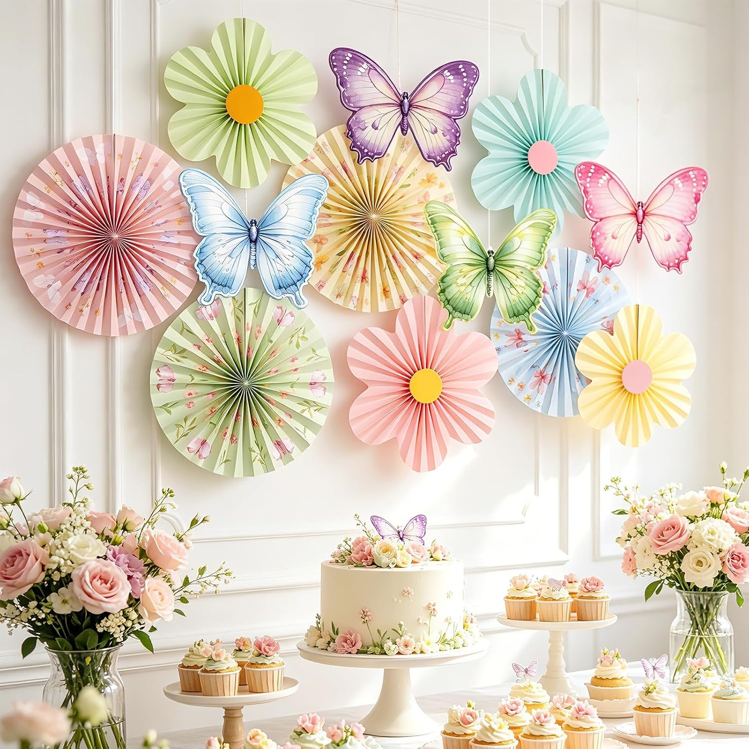 image:imageSUNBEAUTY Sunflower Party Decorations Sunflower Birthday Paper Fan Decorations with Bees Yellow White Sun Flower Wall Hanging for Baby Shower Summer Garden Party Classroom Bulletin Board DecorationPastel Garden Floral Paper Fans