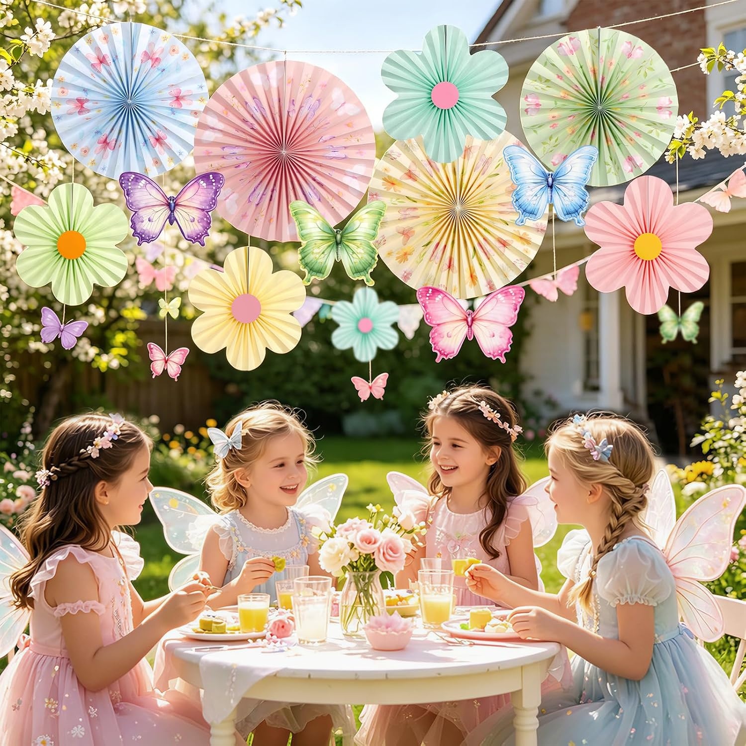 image:imageSUNBEAUTY Sunflower Party Decorations Sunflower Birthday Paper Fan Decorations with Bees Yellow White Sun Flower Wall Hanging for Baby Shower Summer Garden Party Classroom Bulletin Board DecorationPastel Garden Floral Paper Fans