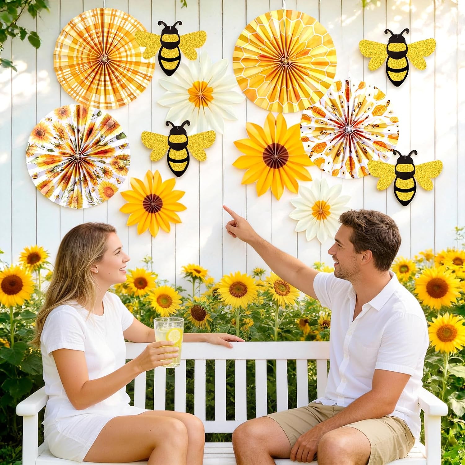 image:imageSUNBEAUTY Sunflower Party Decorations Sunflower Birthday Paper Fan Decorations with Bees Yellow White Sun Flower Wall Hanging for Baby Shower Summer Garden Party Classroom Bulletin Board DecorationYellow Sunflower bee