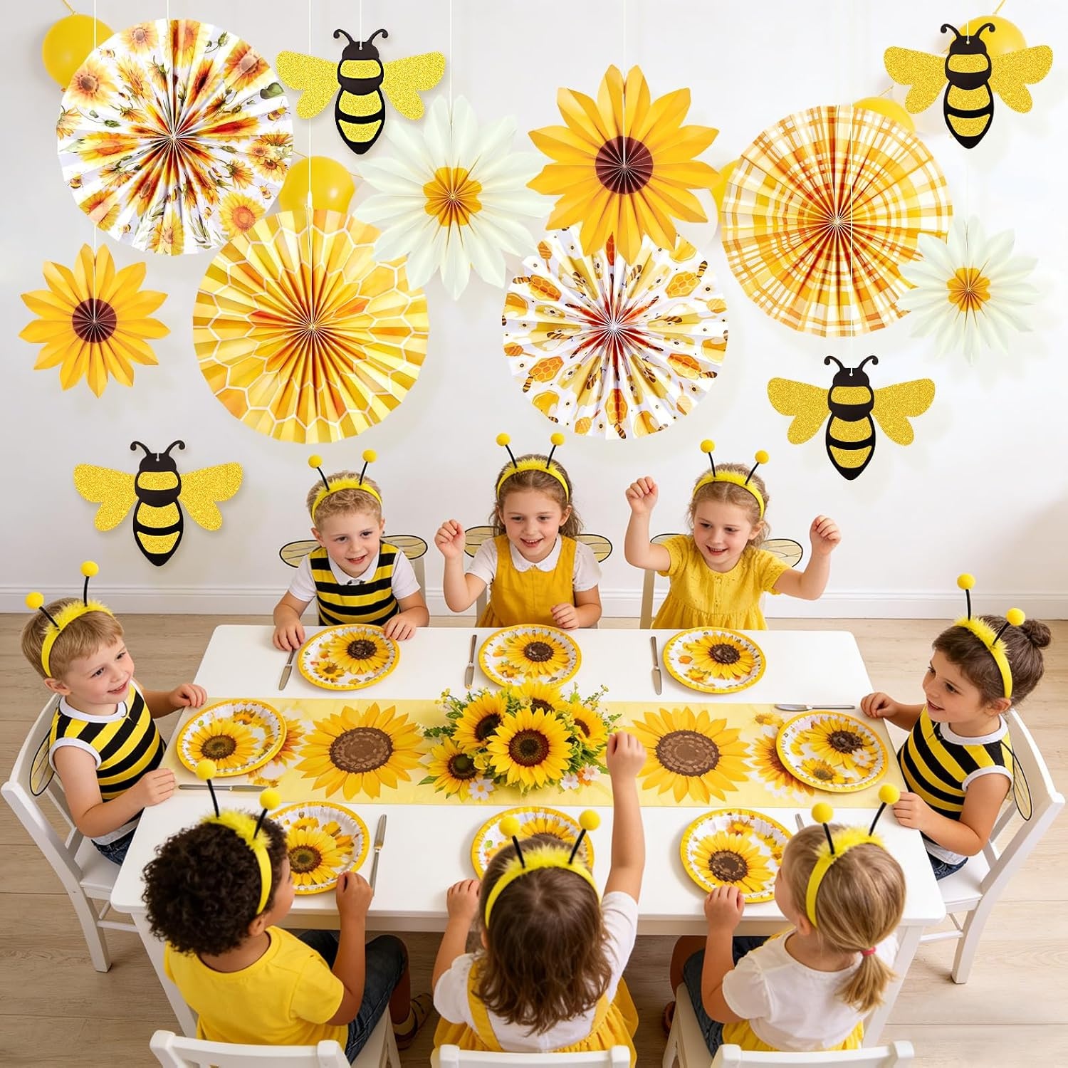 image:imageSUNBEAUTY Sunflower Party Decorations Sunflower Birthday Paper Fan Decorations with Bees Yellow White Sun Flower Wall Hanging for Baby Shower Summer Garden Party Classroom Bulletin Board DecorationYellow Sunflower bee