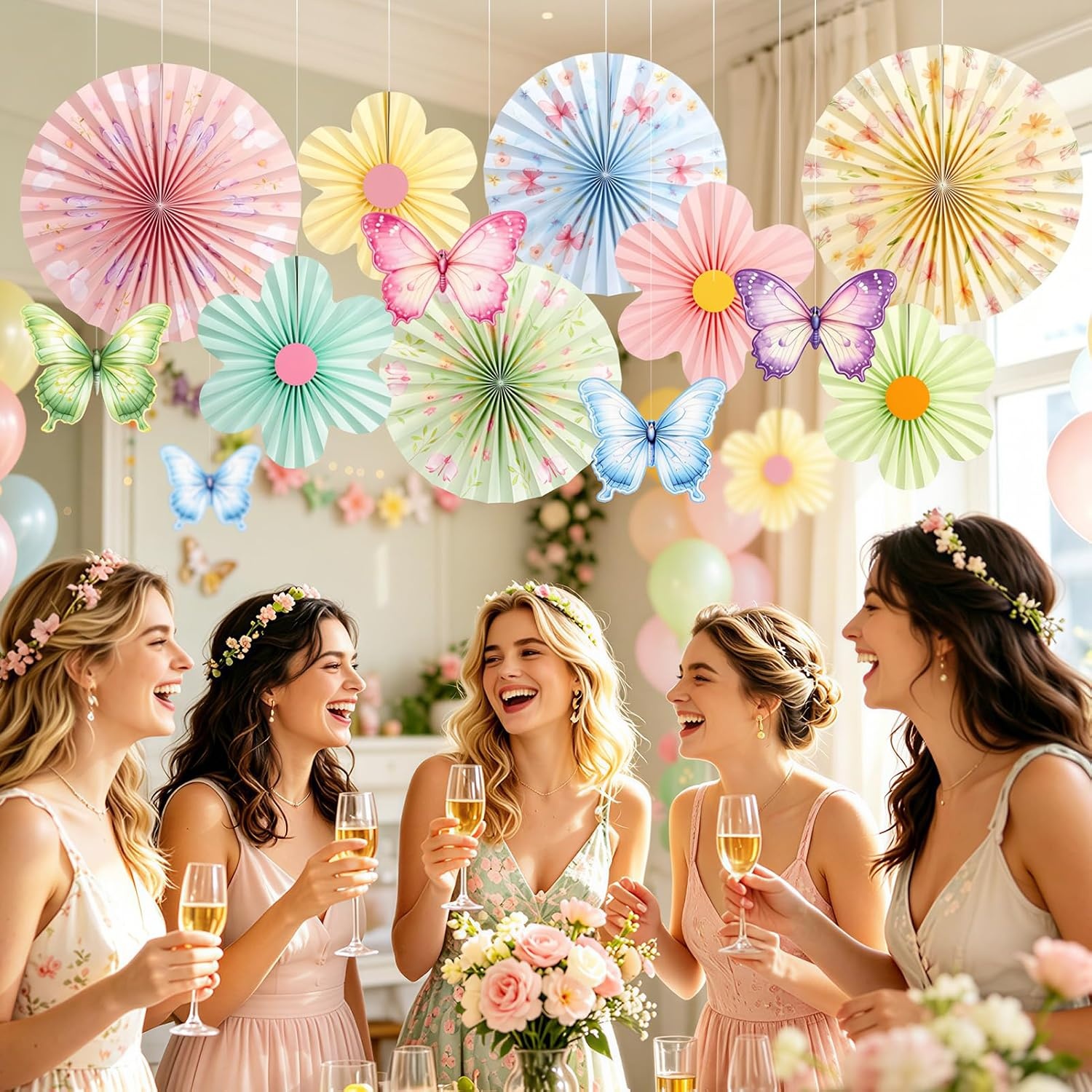 image:imageSUNBEAUTY Sunflower Party Decorations Sunflower Birthday Paper Fan Decorations with Bees Yellow White Sun Flower Wall Hanging for Baby Shower Summer Garden Party Classroom Bulletin Board DecorationPastel Garden Floral Paper Fans