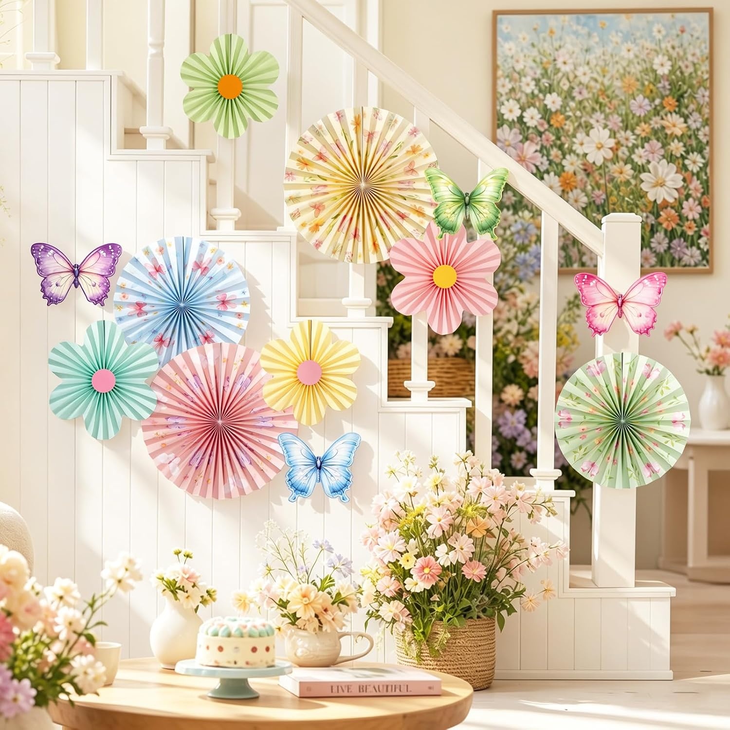 image:imageSUNBEAUTY Sunflower Party Decorations Sunflower Birthday Paper Fan Decorations with Bees Yellow White Sun Flower Wall Hanging for Baby Shower Summer Garden Party Classroom Bulletin Board DecorationPastel Garden Floral Paper Fans