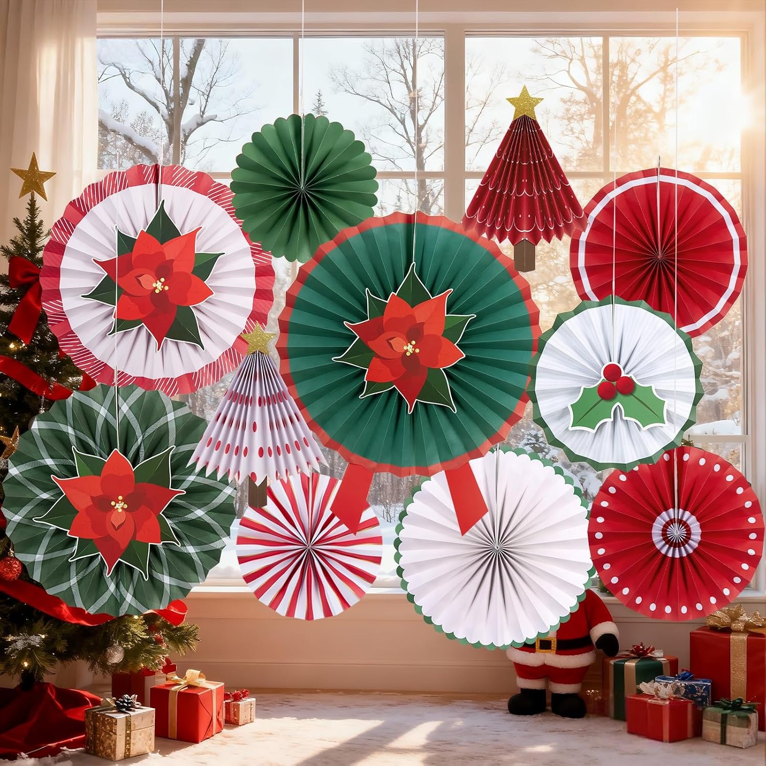 image:imageSUNBEAUTY Sunflower Party Decorations Sunflower Birthday Paper Fan Decorations with Bees Yellow White Sun Flower Wall Hanging for Baby Shower Summer Garden Party Classroom Bulletin Board DecorationChristmas Trees Red Poinsettia Paper Fans