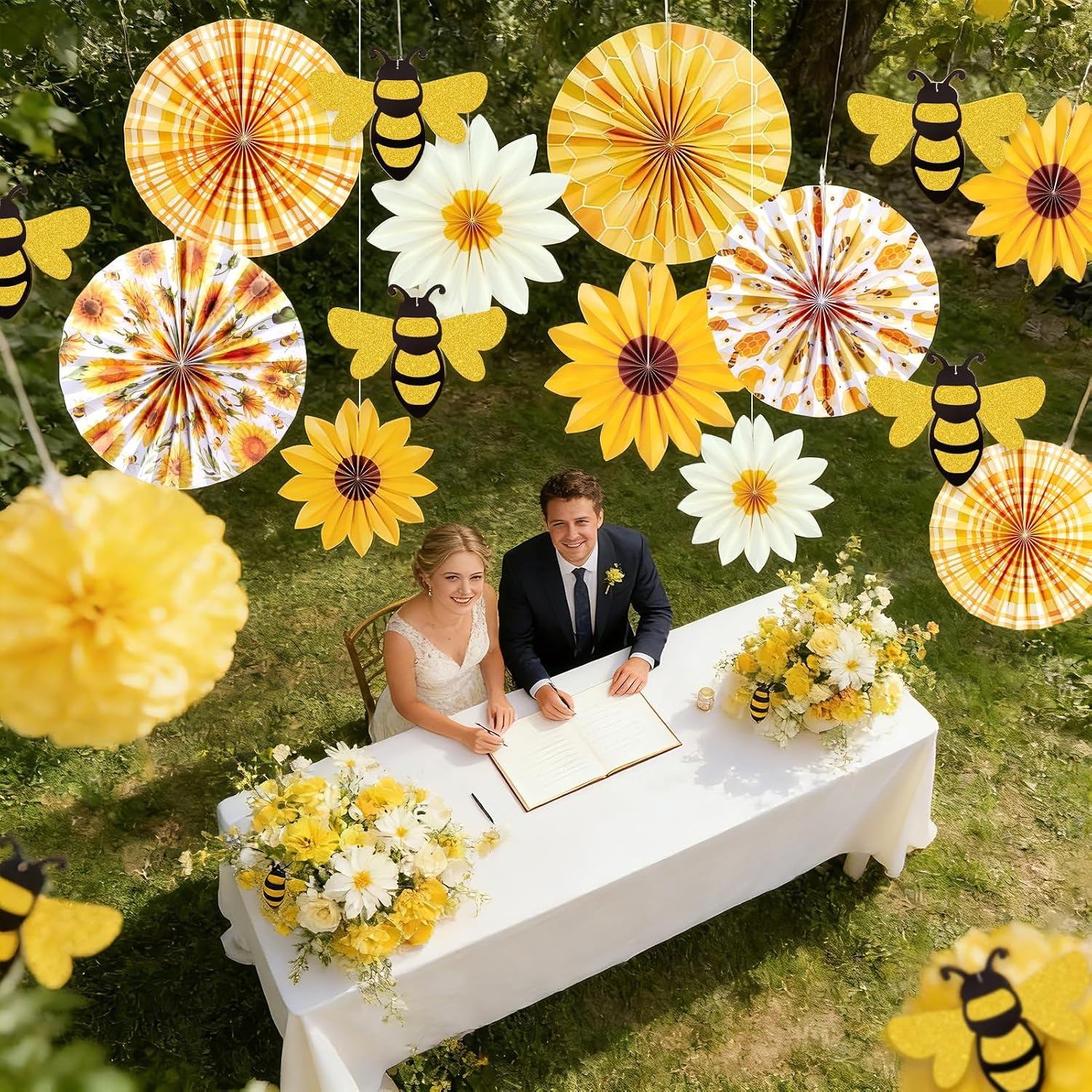 image:imageSUNBEAUTY Sunflower Party Decorations Sunflower Birthday Paper Fan Decorations with Bees Yellow White Sun Flower Wall Hanging for Baby Shower Summer Garden Party Classroom Bulletin Board DecorationYellow Sunflower bee