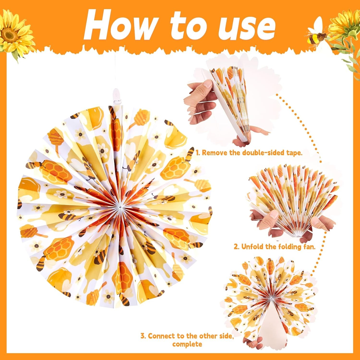 image:imageSUNBEAUTY Sunflower Party Decorations Sunflower Birthday Paper Fan Decorations with Bees Yellow White Sun Flower Wall Hanging for Baby Shower Summer Garden Party Classroom Bulletin Board DecorationYellow Sunflower bee