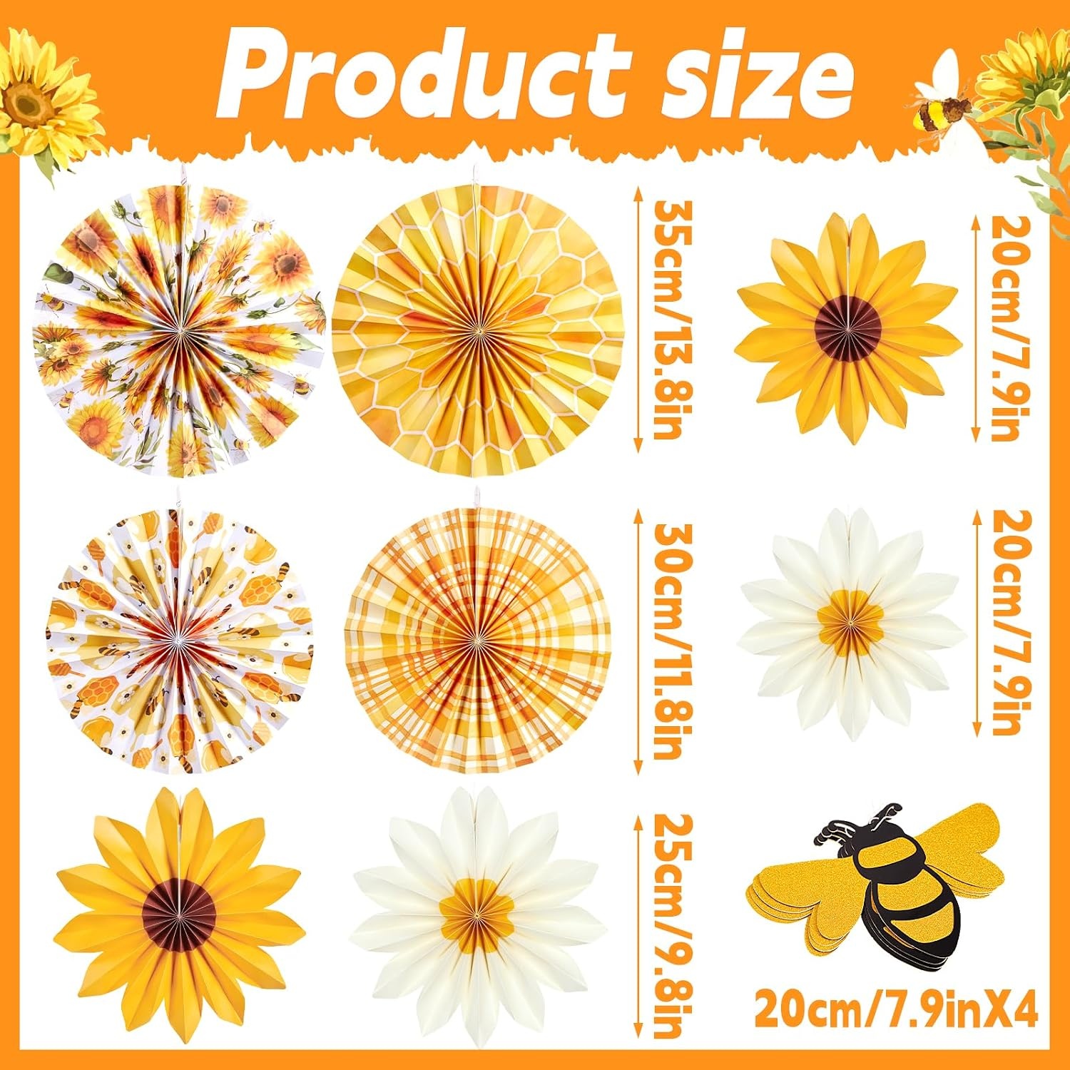 image:imageSUNBEAUTY Sunflower Party Decorations Sunflower Birthday Paper Fan Decorations with Bees Yellow White Sun Flower Wall Hanging for Baby Shower Summer Garden Party Classroom Bulletin Board DecorationYellow Sunflower bee
