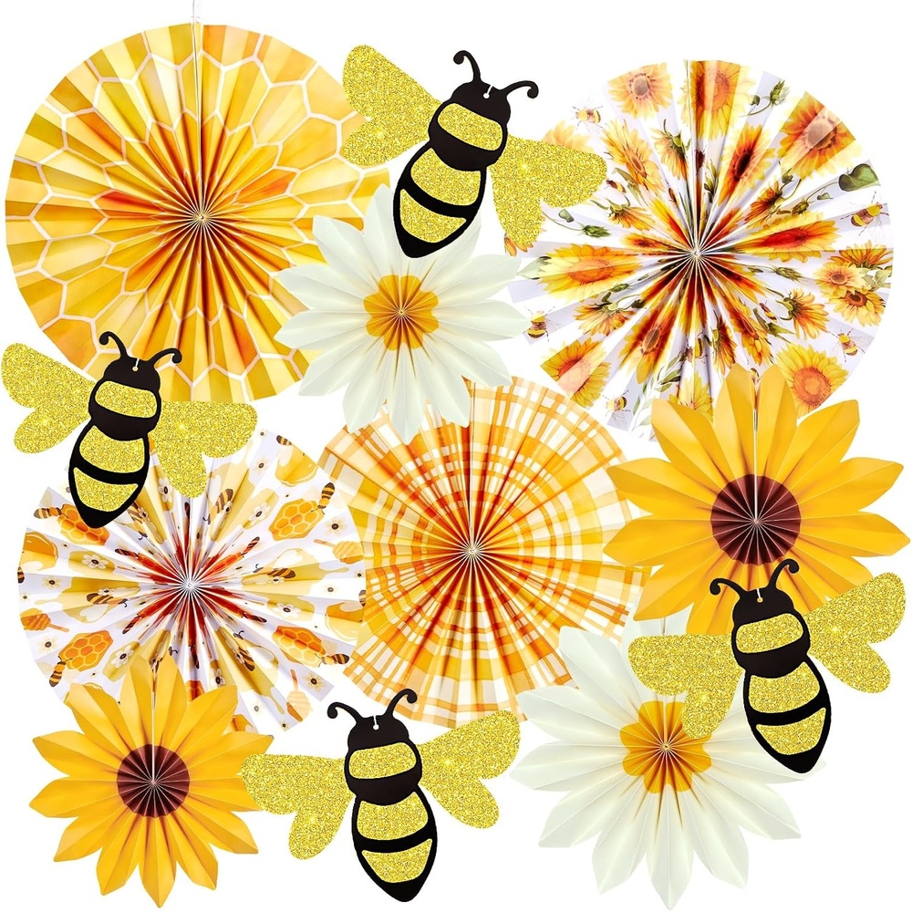 image:imageSUNBEAUTY Sunflower Party Decorations Sunflower Birthday Paper Fan Decorations with Bees Yellow White Sun Flower Wall Hanging for Baby Shower Summer Garden Party Classroom Bulletin Board DecorationYellow Sunflower bee